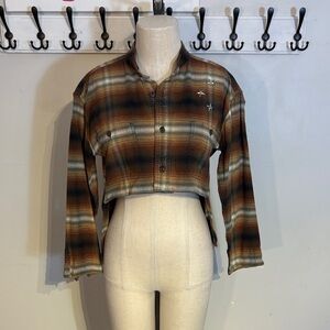 Refashioned Brown Plaid Cropped Button-Up Top with star detail size Med